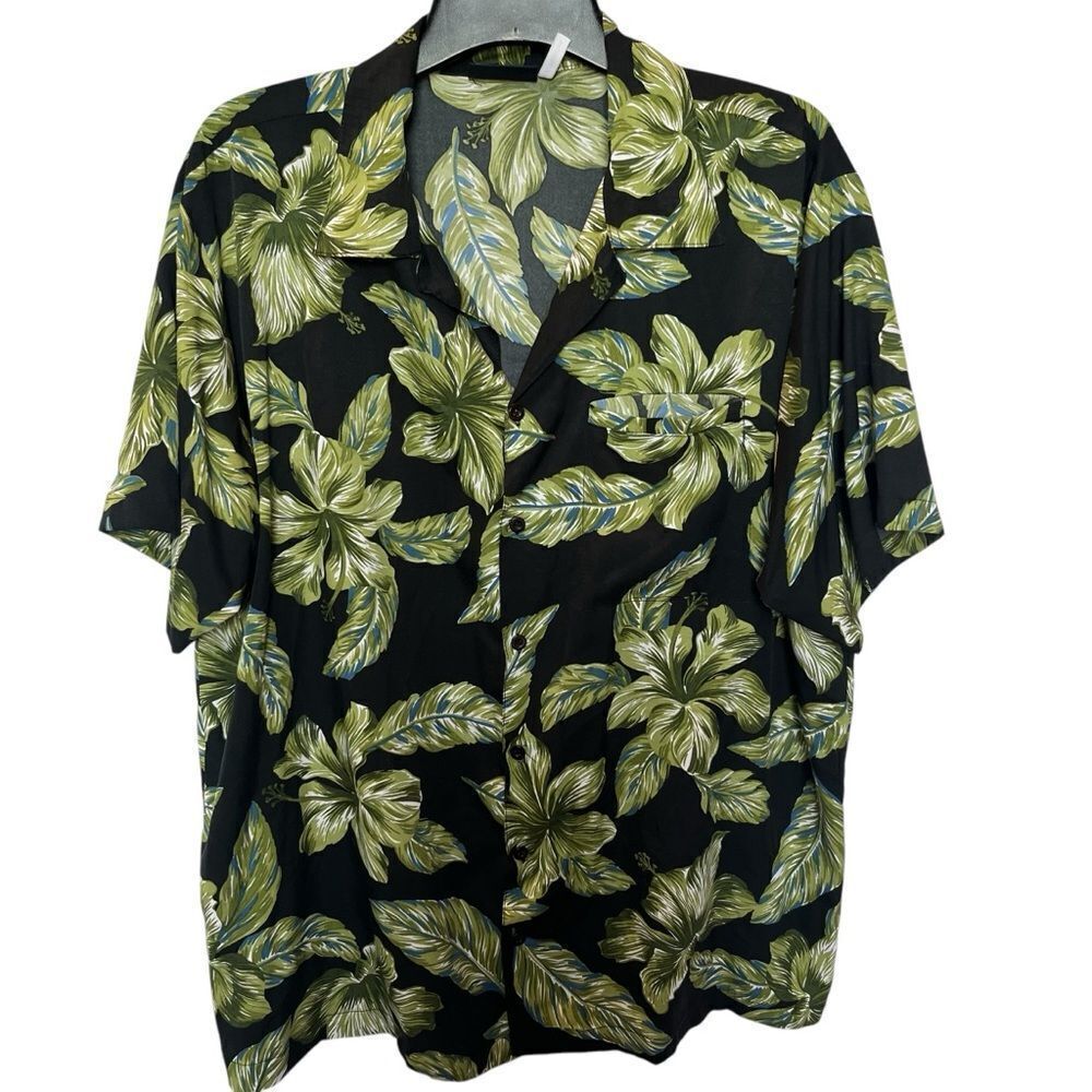 Pacific & Co. Men's Black and Green Floral Shirt Full Button Lapel Collar XL